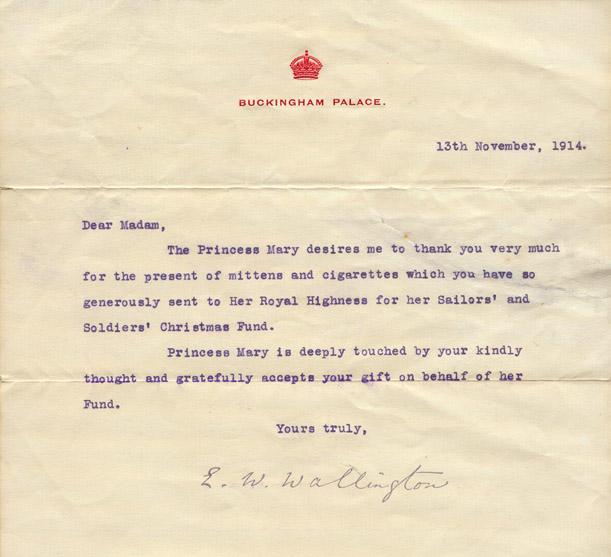 Thank you note from Buckingham Palace for contributions to the Sailors' and Soldiers' Fund, November, 1914.