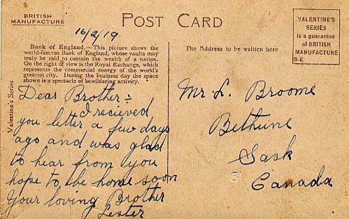 16/2/19

Dear Brother - 

I received you letter a few days ago and was glad to hear from you hope to be home soon

Your loving Brother 
Lester