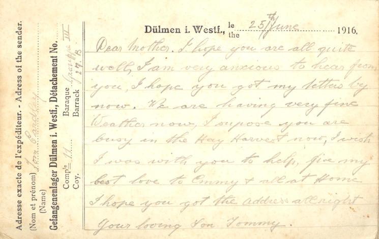 25th/June 1916. 
Dear mother. I hope you are all quite well, I am very anxious to hear from you, I hope you got my letter by now. We are having very fine weather now, I supose you are busy in the Hay Harvest now, I wish I was with you to help, give my best love to Emmy &amp; all at Home I hope you got the address all right your loving Son Tommy.