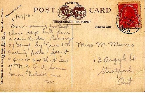 Post Card sent from 
Moose Jaw Canada
As Murray Dennis was
On Route to Camp
May 22, 1916
Back