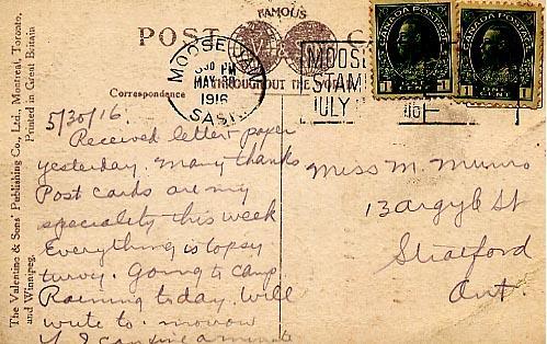 Post Card 2 sent from 
Moose Jaw Canada
As Murray Dennis was
On Route to Camp
May 30, 1916
Back