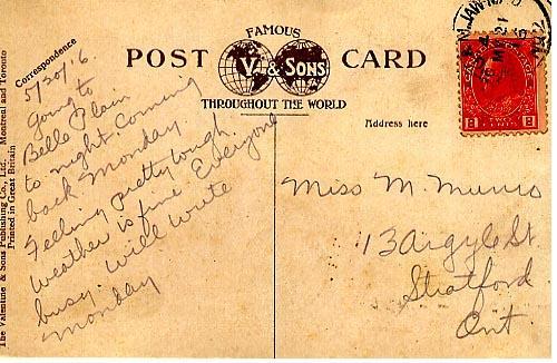 Post Card 3 sent from 
Moose Jaw Canada
As Murray Dennis was
On Route to Camp
May 20, 1916
Back