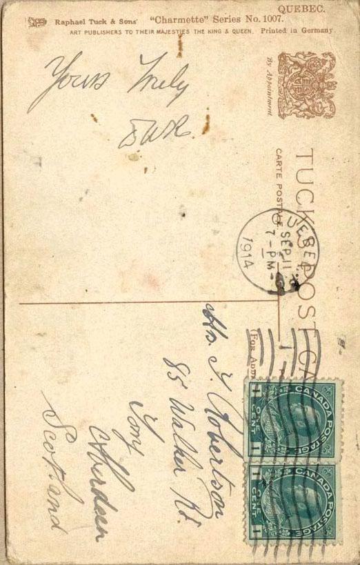 Back of Postcard from 11 September 1917.
                                                Ms. J Robertson
                                                85 Walker rd.
                                                Torry
                                                Aberdeen
                                                Scotland.

Yours Truly

    SWR.