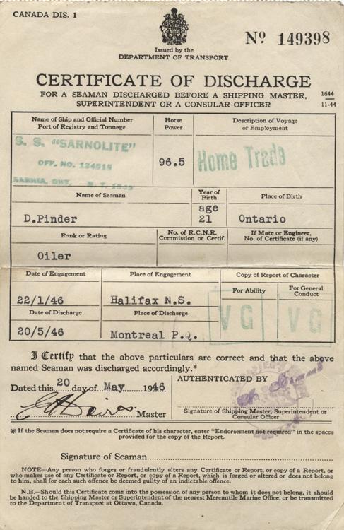 Certificate of discharge 1946
