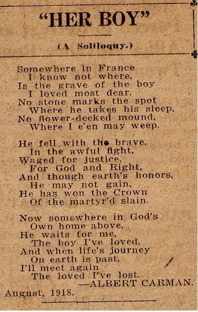 A Soliloquy "Her Boy"
by Albert Carman
August 1918