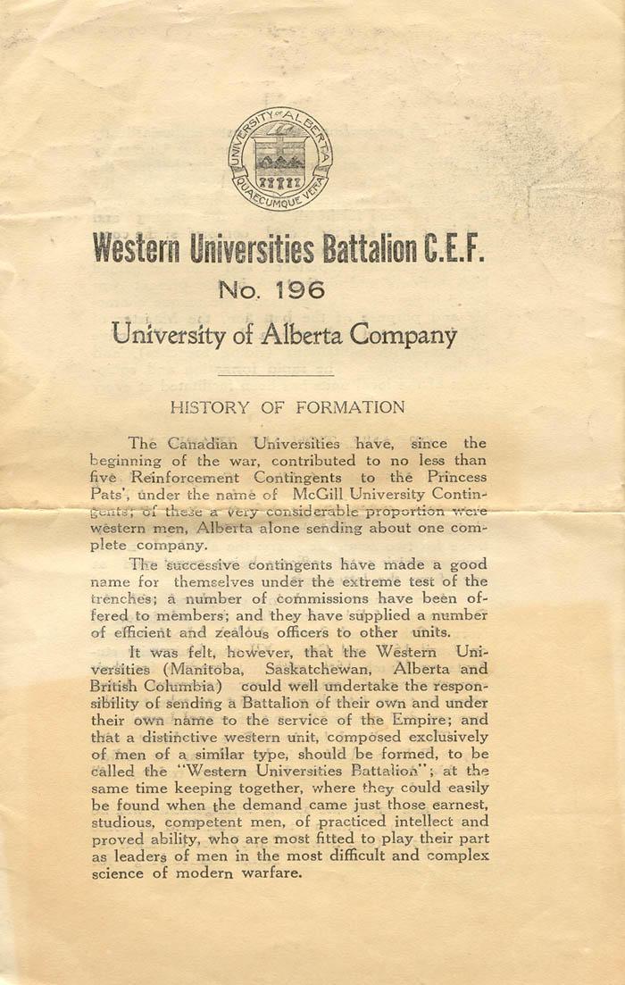 Western Universities Battalion, C.E.F. No. 196 - University of Alberta Company.  History of Formation