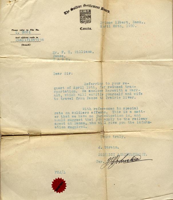 Soldiers Settlement Letter