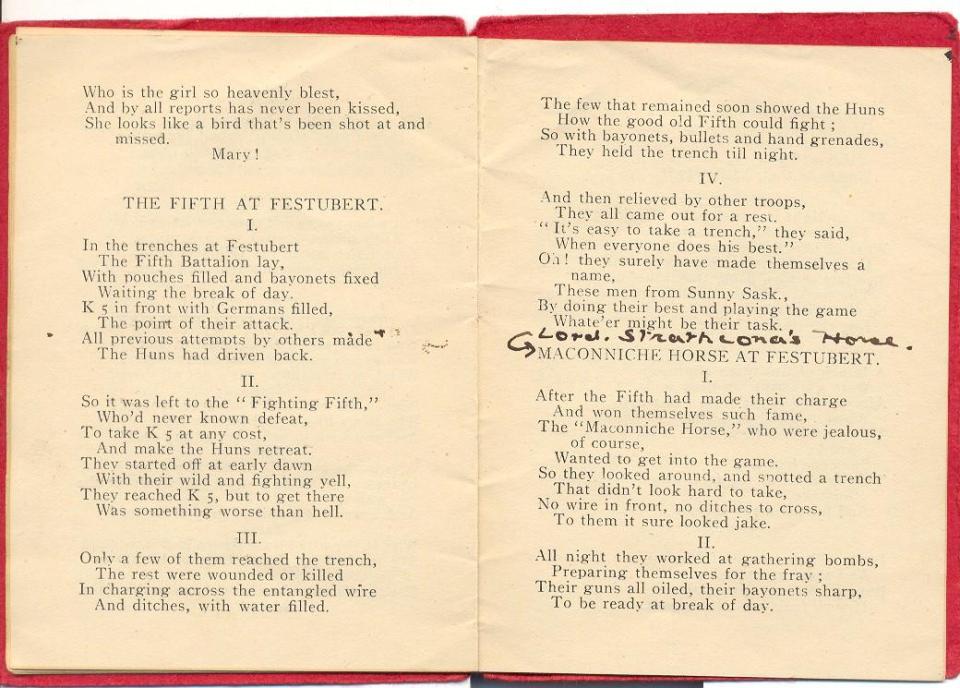Songs - "The Fifth At Festubert"
And "Maconniche Horse At Festubert" (Lord
Strathcona's Horse)
Pages 12-13