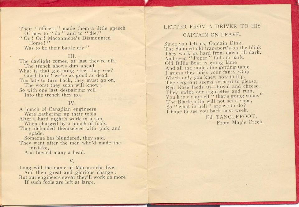 Songs - "Maconniche Horse At Festubert" (Lord
Strathcona's Horse)continued and
Poem from Ed Tanglefoot "Letter from a Driver to His Captain on Leave"
Pages 14-15