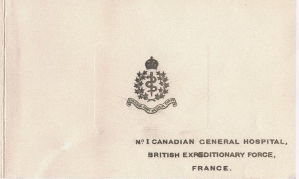 1916 card front captioned No. 1 Canadian General Hospital, B.E.F., France; WWI Nursing Sister Squire